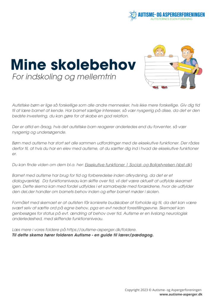 Mine behov-skemaet (Indskoling og mellemtrin):